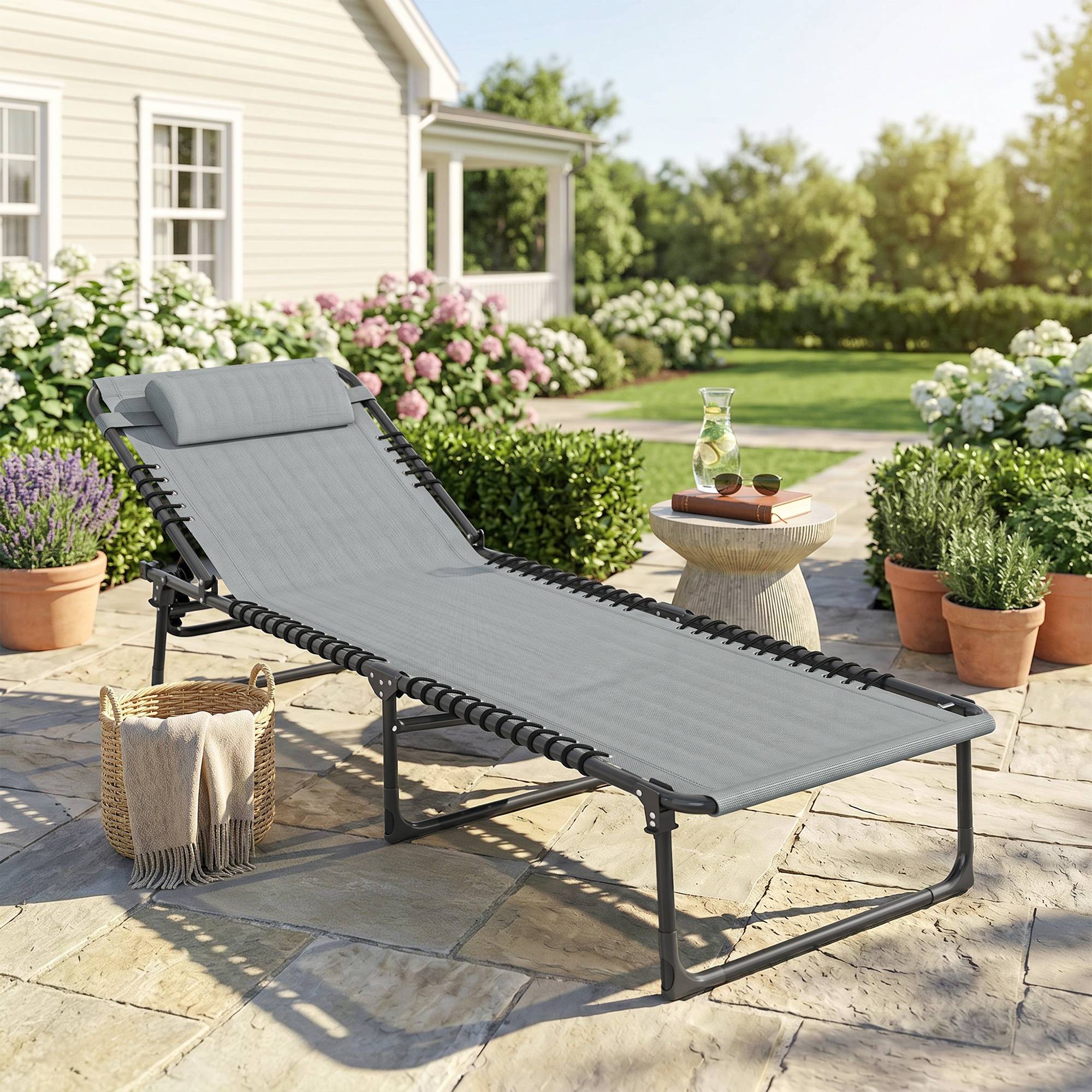 Bain de Soleil transat Pliable Dossier inclinable Multi-Positions - 189x58x30cm Acier Gris fr42 - Image 4