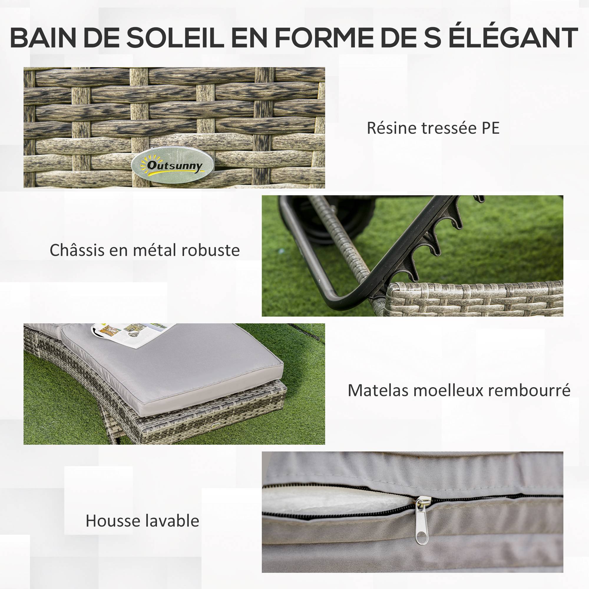 Outsunny - Bain de soleil transat grand confort - dossier inclinable 5 positions roulettes - matelas déhoussable inclus - résine tressée grise - Outsunny - Imagen 5