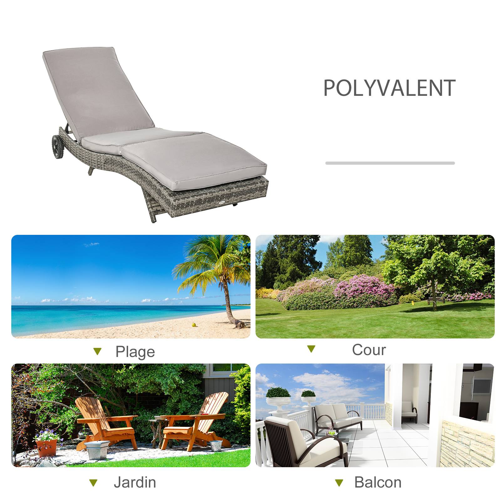 Outsunny - Bain de soleil transat grand confort - dossier inclinable 5 positions roulettes - matelas déhoussable inclus - résine tressée grise - Outsunny - Imagen 7