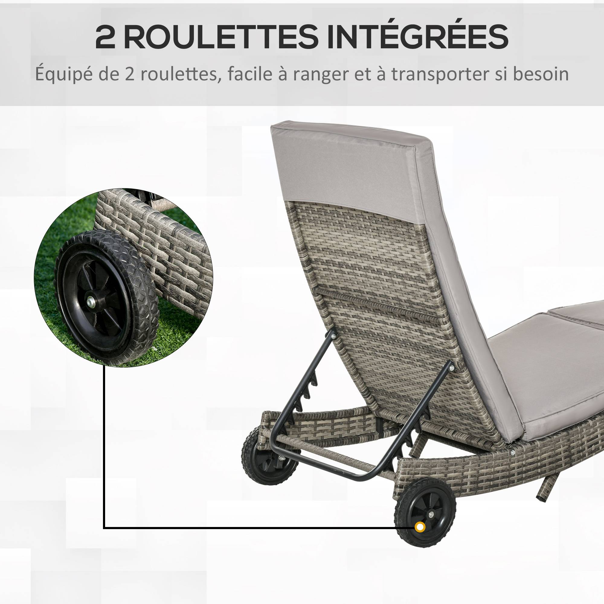Outsunny - Bain de soleil transat grand confort - dossier inclinable 5 positions roulettes - matelas déhoussable inclus - résine tressée grise - Outsunny - Imagen 6