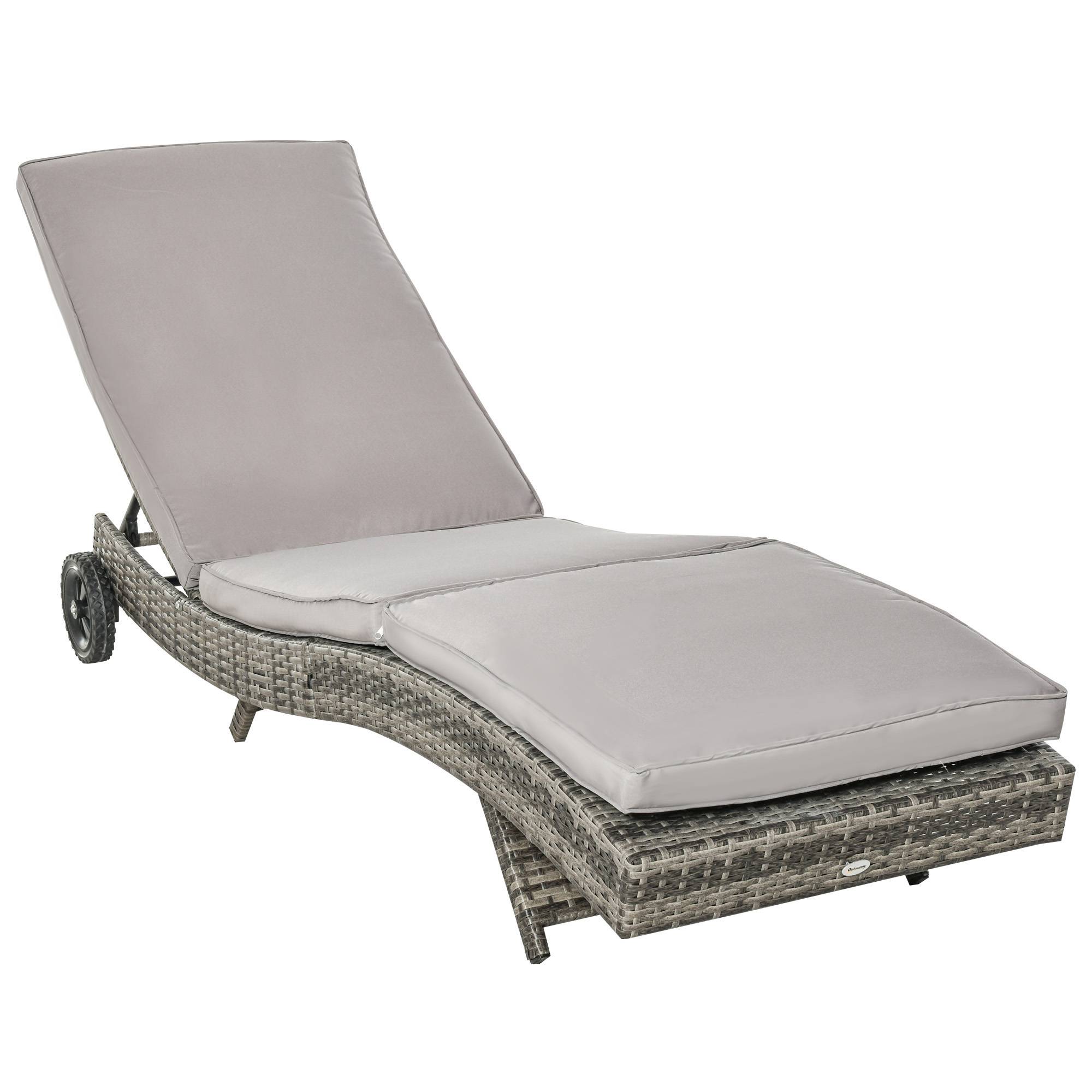 Outsunny - Bain de soleil transat grand confort - dossier inclinable 5 positions roulettes - matelas déhoussable inclus - résine tressée grise - Outsunny - Imagen 1