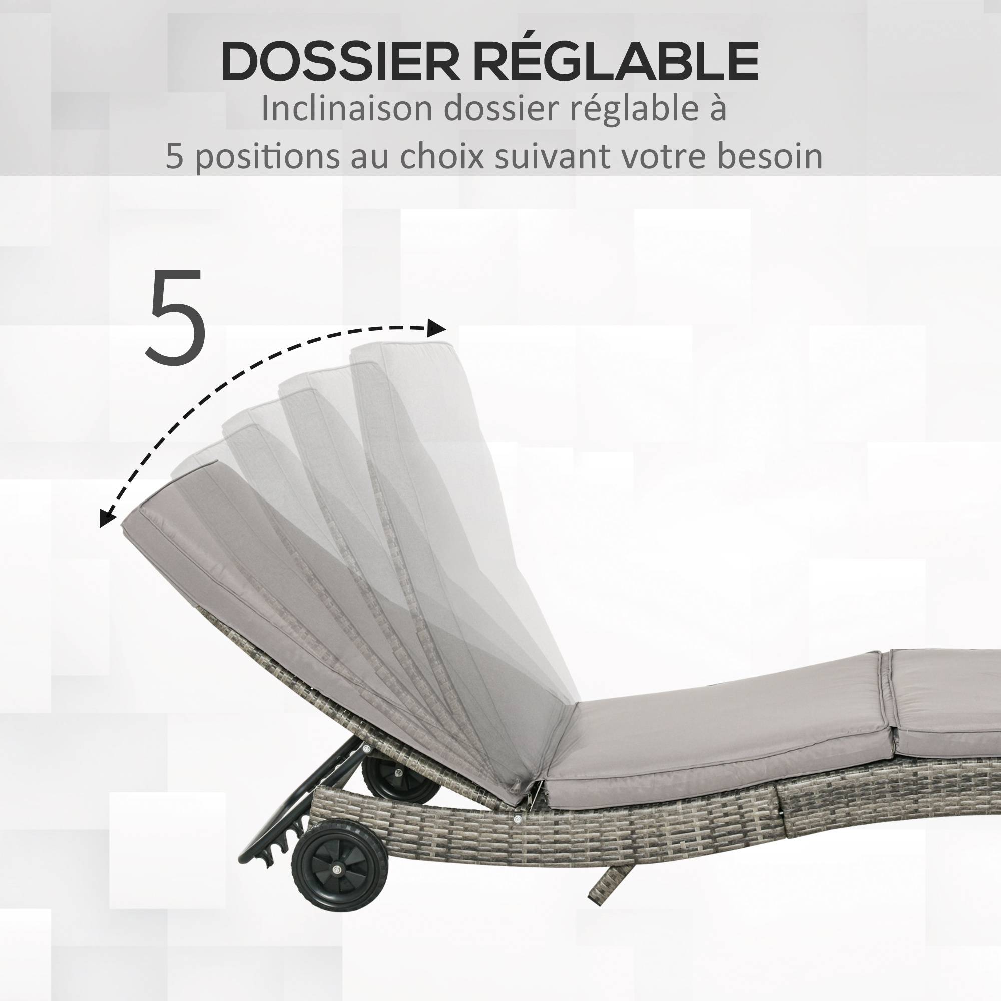 Outsunny - Bain de soleil transat grand confort - dossier inclinable 5 positions roulettes - matelas déhoussable inclus - résine tressée grise - Outsunny - Imagen 4
