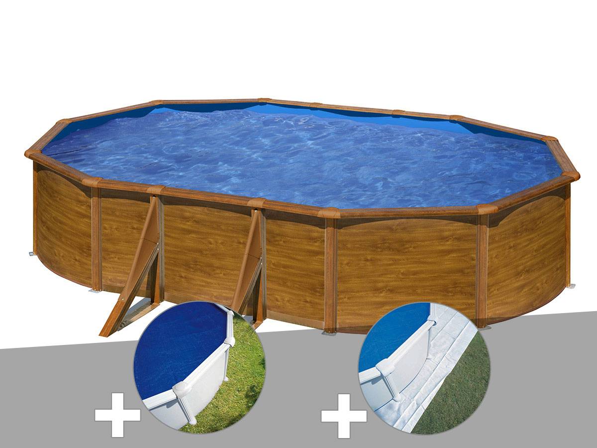 Gré - Kit piscine acier aspect bois Gré Pacific ovale 5,27 x 3,27 x 1,22 m + Bâche à bulles + Tapis de sol