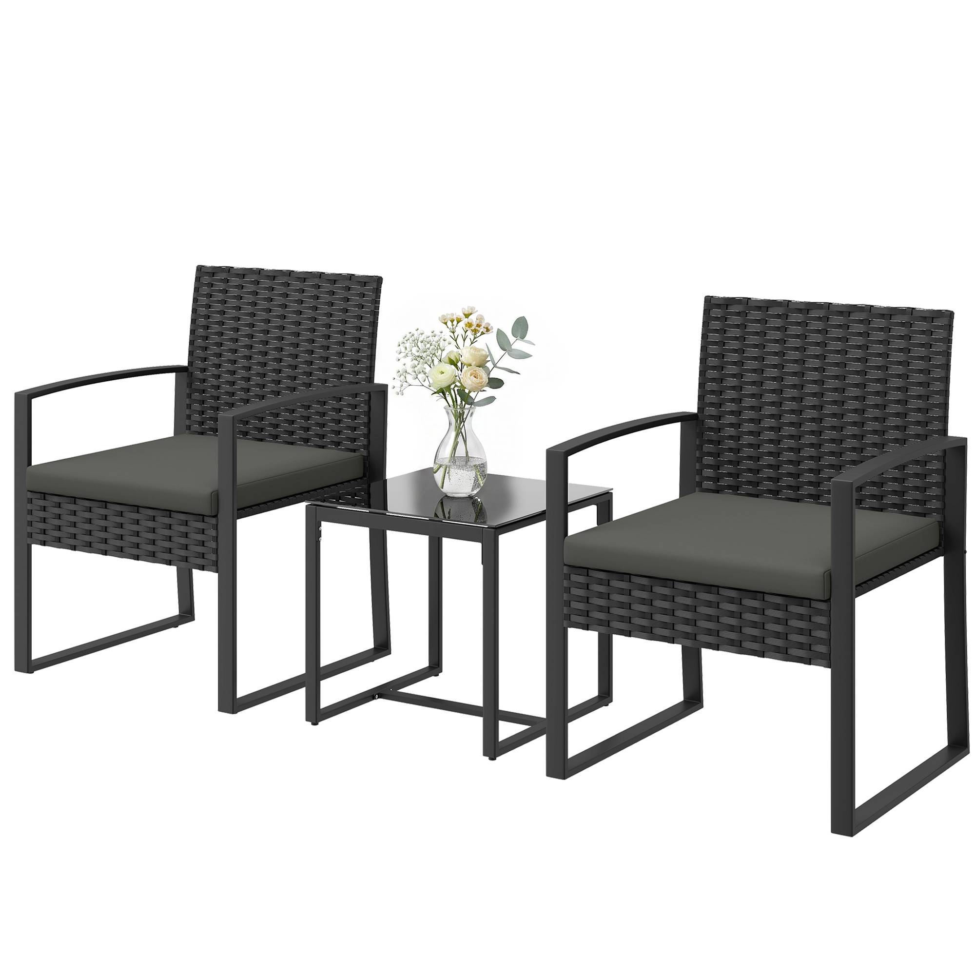 ComfortXL - Salon de jardin 3 pièces résine tressée gris foncé 2 places avec coussins table basse pour balcon et terrasse - Image 2