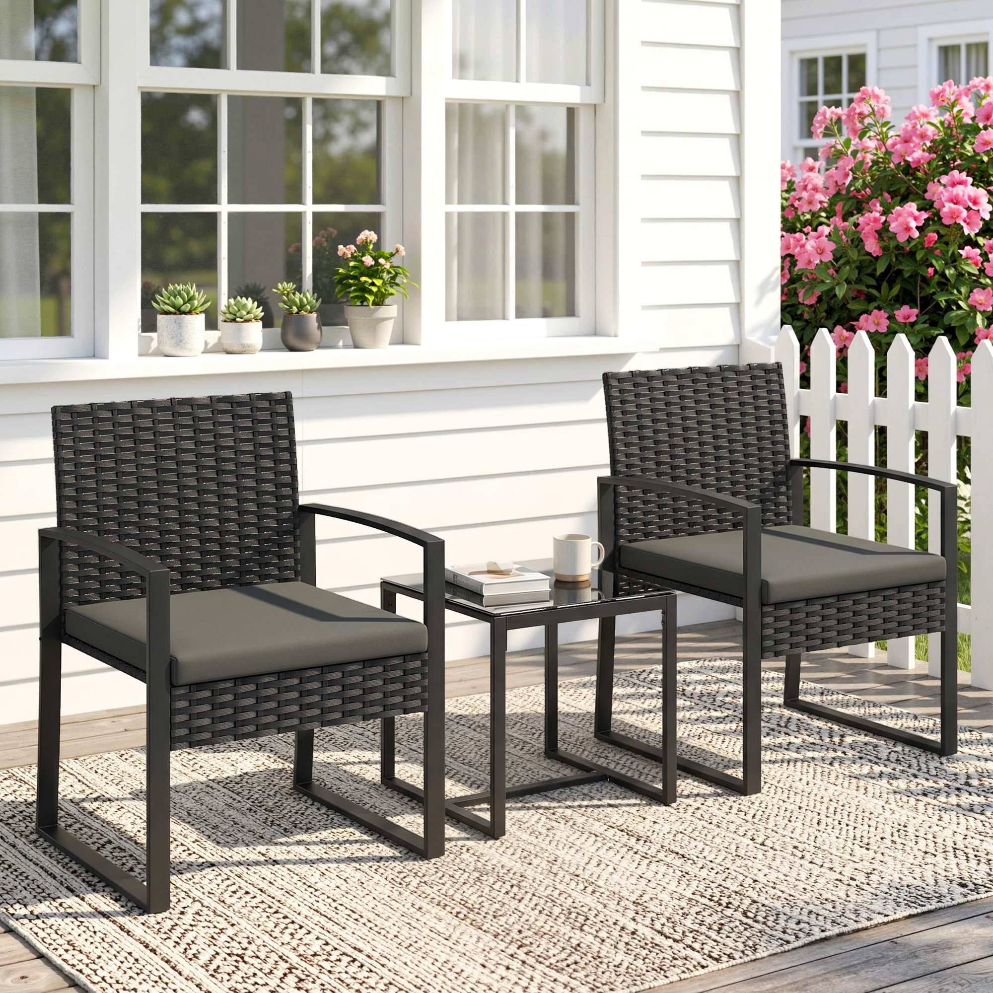 ComfortXL - Salon de jardin 3 pièces résine tressée gris foncé 2 places avec coussins table basse pour balcon et terrasse - Image 1
