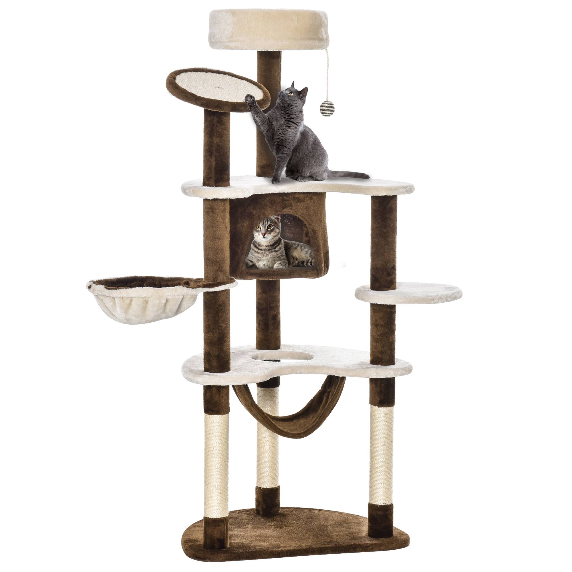 Arbre à chat XXL 153cm avec grotte et hamac, peluche marron pour jeu et détente - Image 1