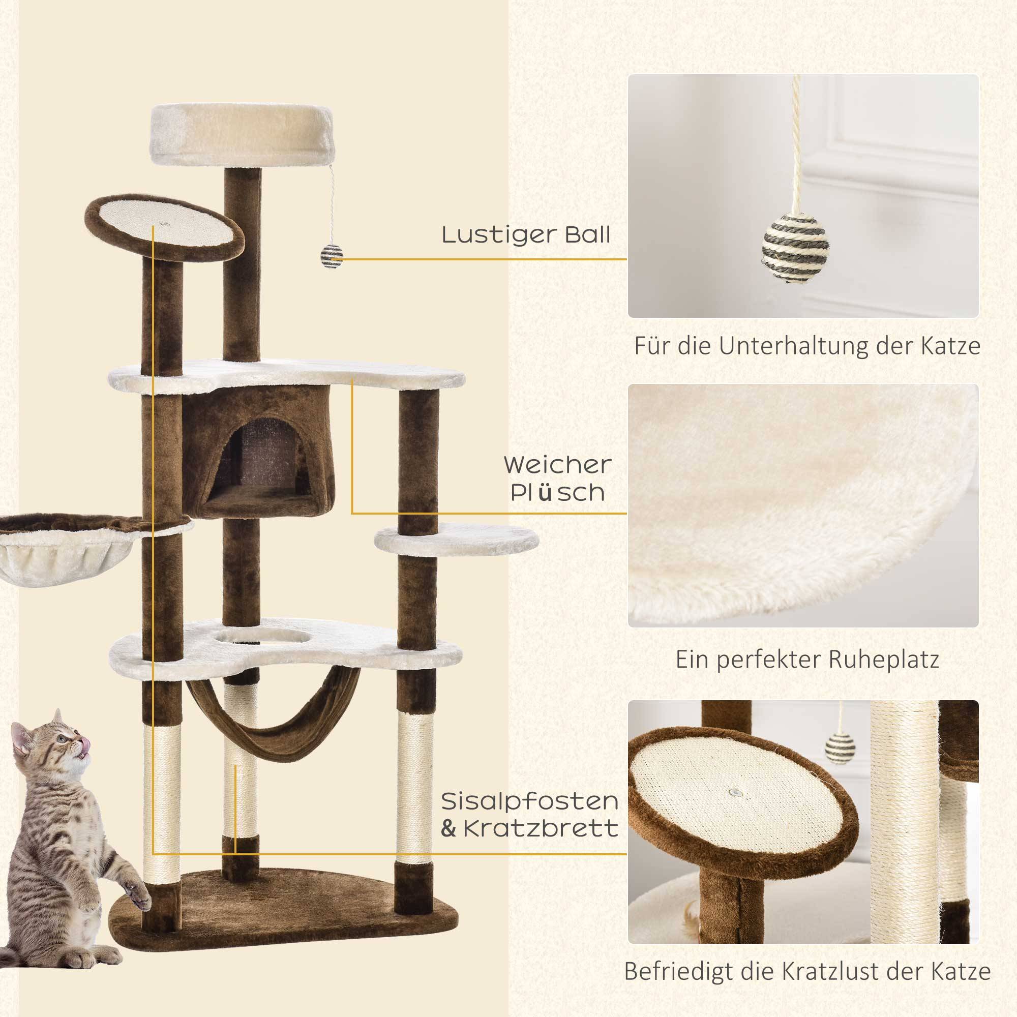Arbre à chat XXL 153cm avec grotte et hamac, peluche marron pour jeu et détente - Image 5