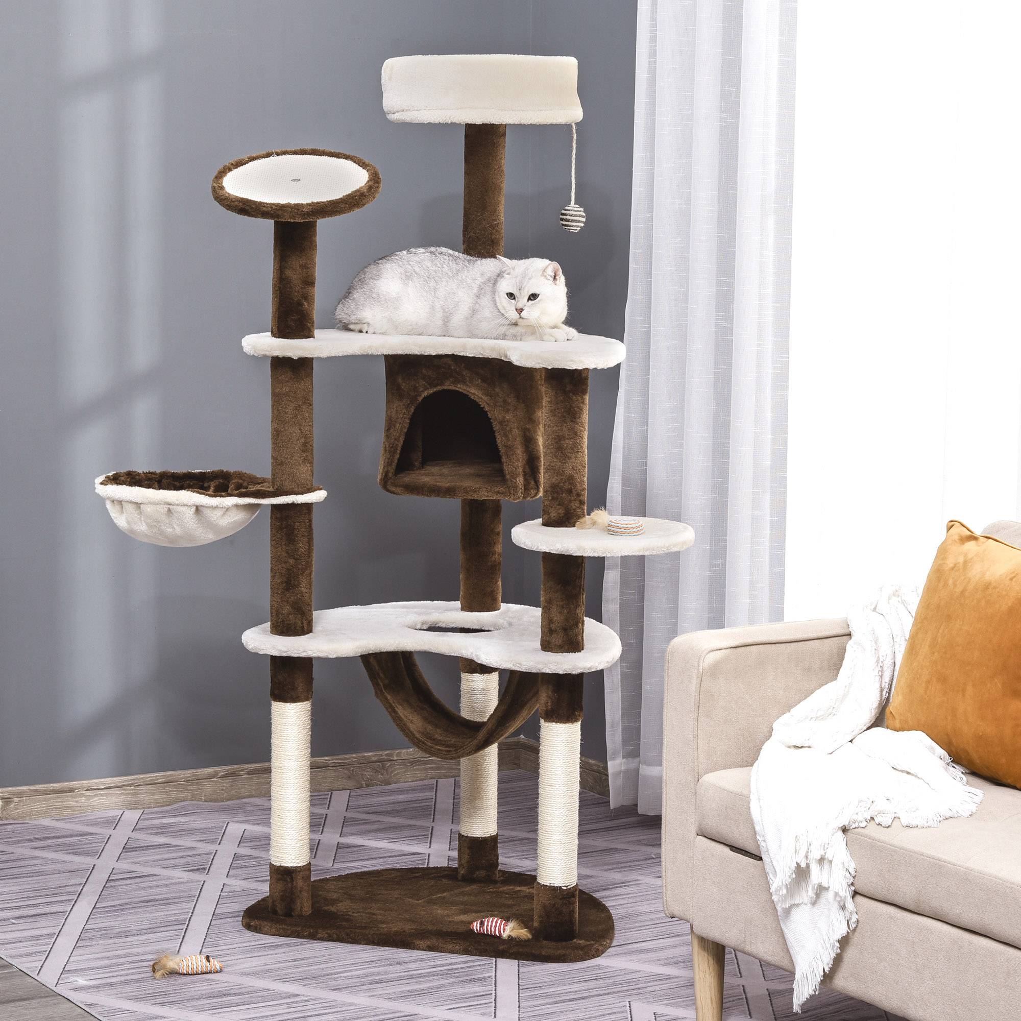 Arbre à chat XXL 153cm avec grotte et hamac, peluche marron pour jeu et détente - Image 2