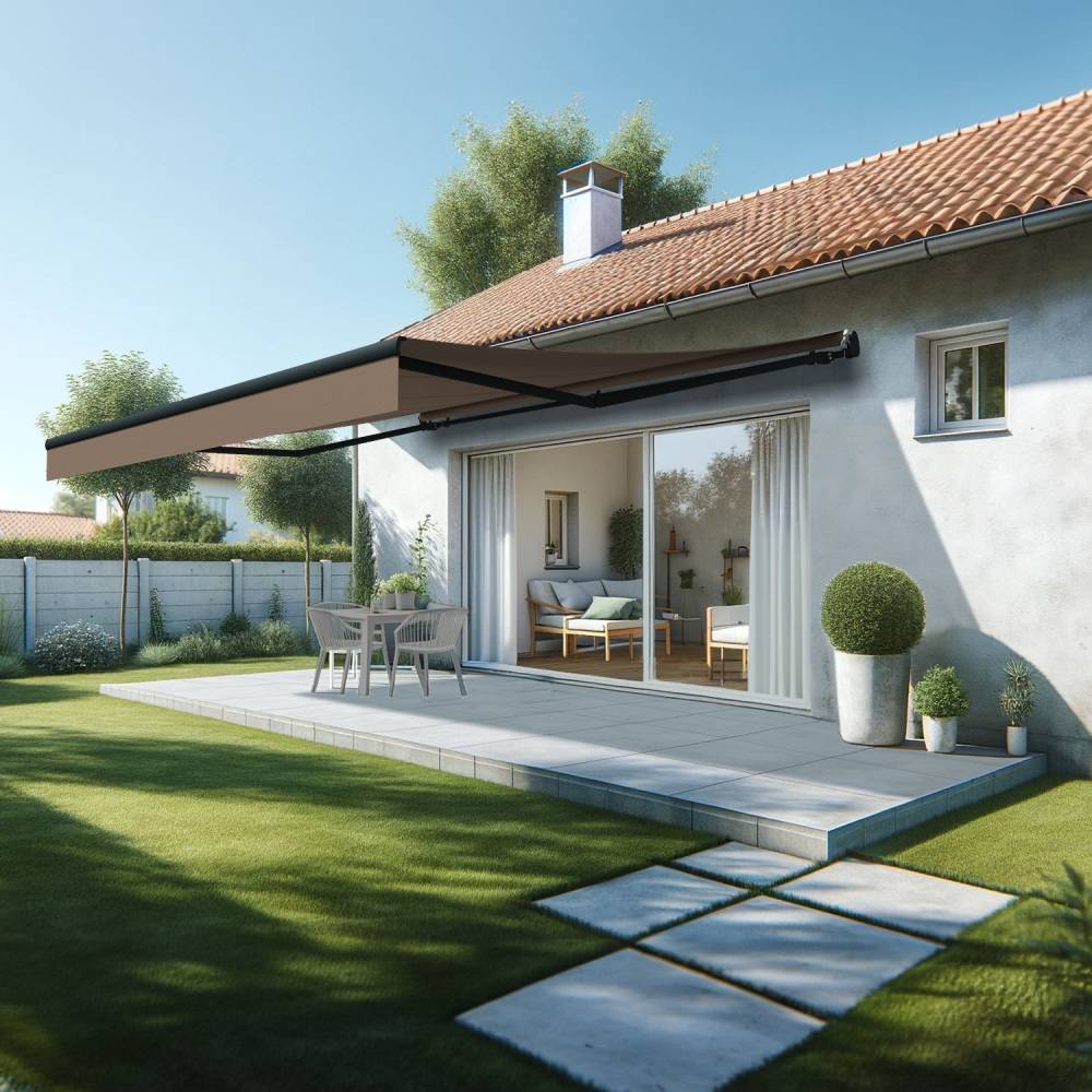 Store banne monobloc ESPAI 5,00x3,50m (Motorisé à télécommande + manœuvre de secours - Taupe - Gris anthracite) - Alia Productions - Imagen 1