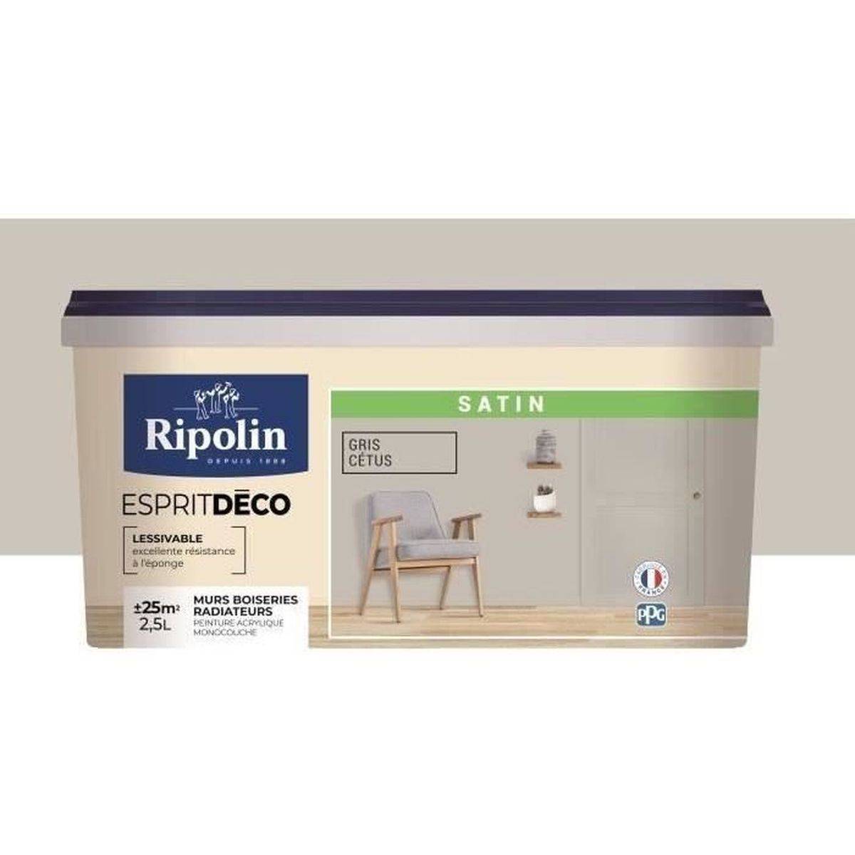 Ripolin - Peinture intérieure acrylique satin Gris cetus, monocouche couvrante lessivable multi-support - Ripolin - Image 1