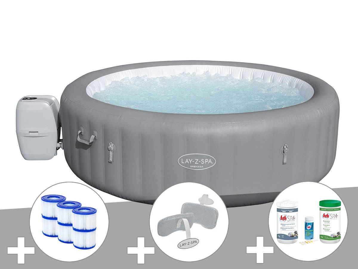 Bestway - Kit spa gonflable Bestway Lay-Z-Spa Grenada rond Airjet 6/8 places + 6 filtres + Kit traitement brome + 2 appuie-têtes