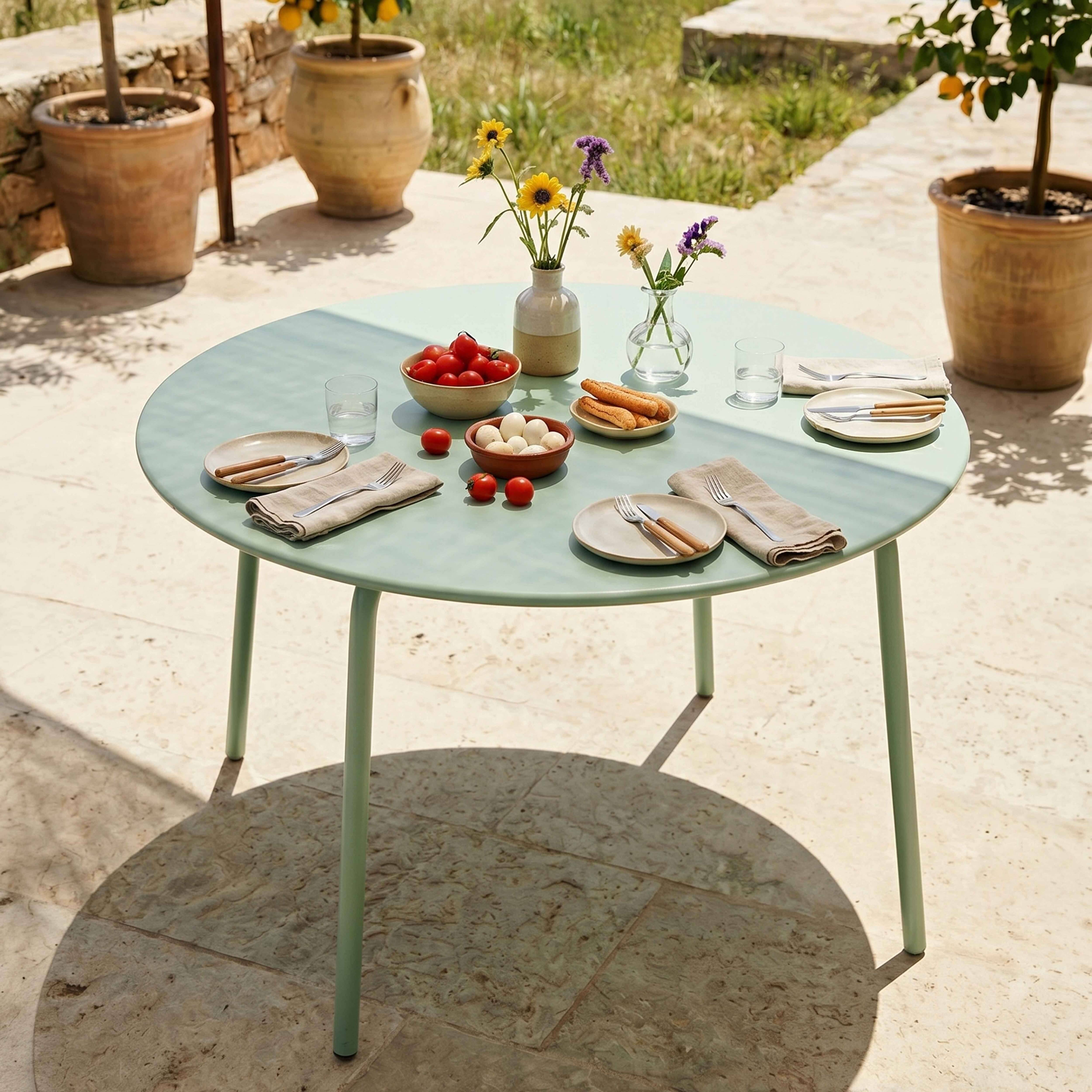 Oviala - Ensemble table de jardin ronde et 6 fauteuils acier vert sauge Palavas - Oviala - Imagen 3