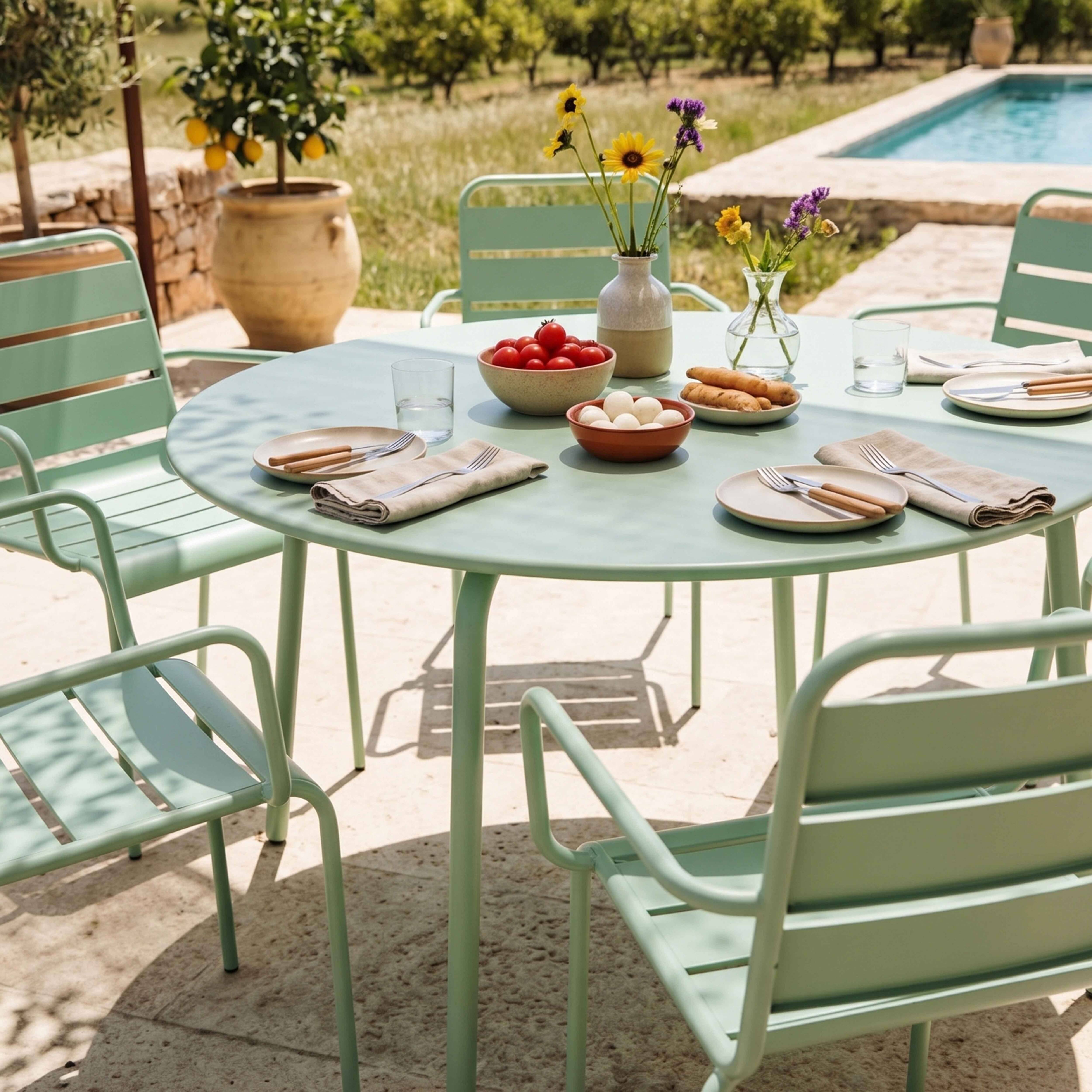 Oviala - Ensemble table de jardin ronde et 6 fauteuils acier vert sauge Palavas - Oviala - Imagen 4