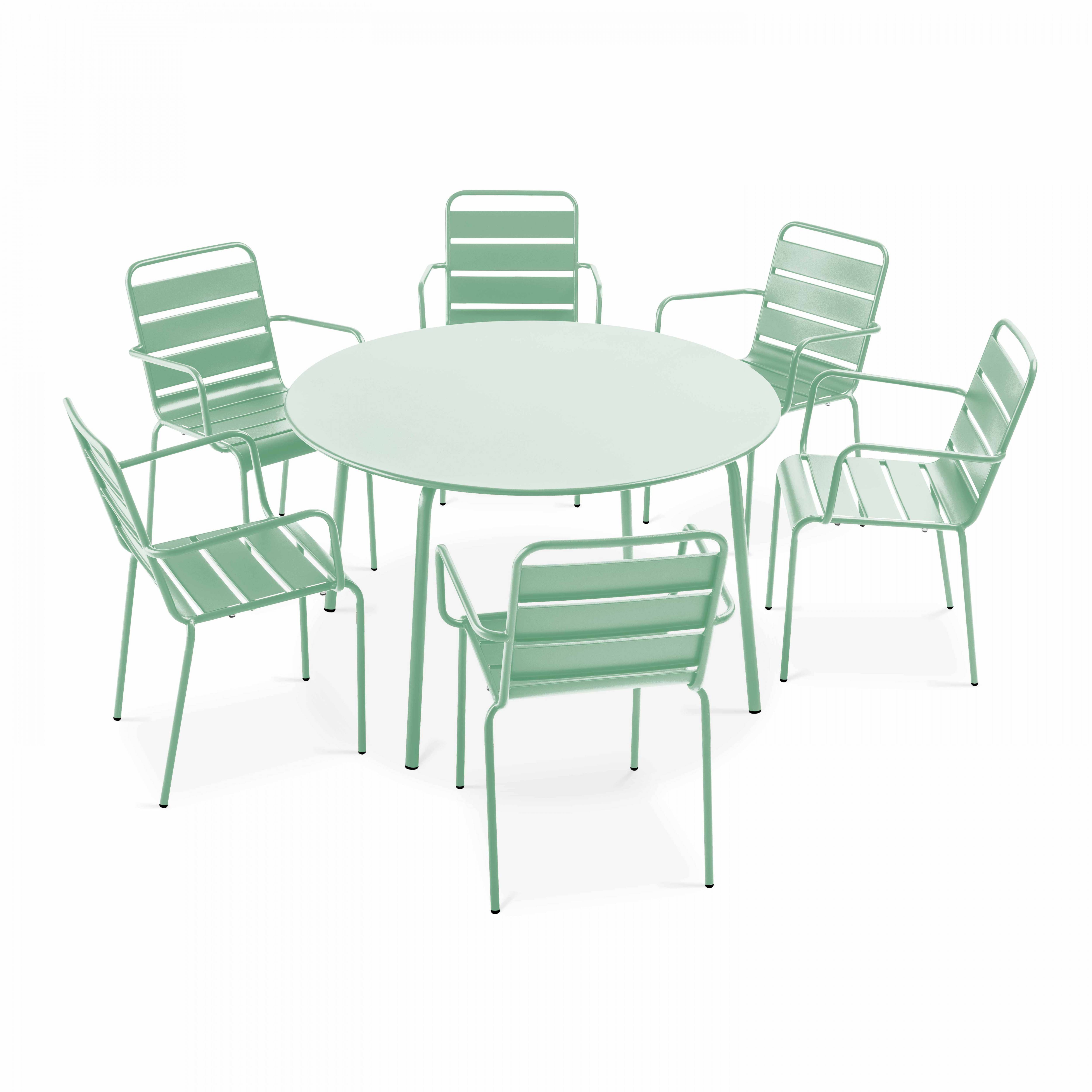 Oviala - Ensemble table de jardin ronde et 6 fauteuils acier vert sauge Palavas - Oviala - Imagen 1