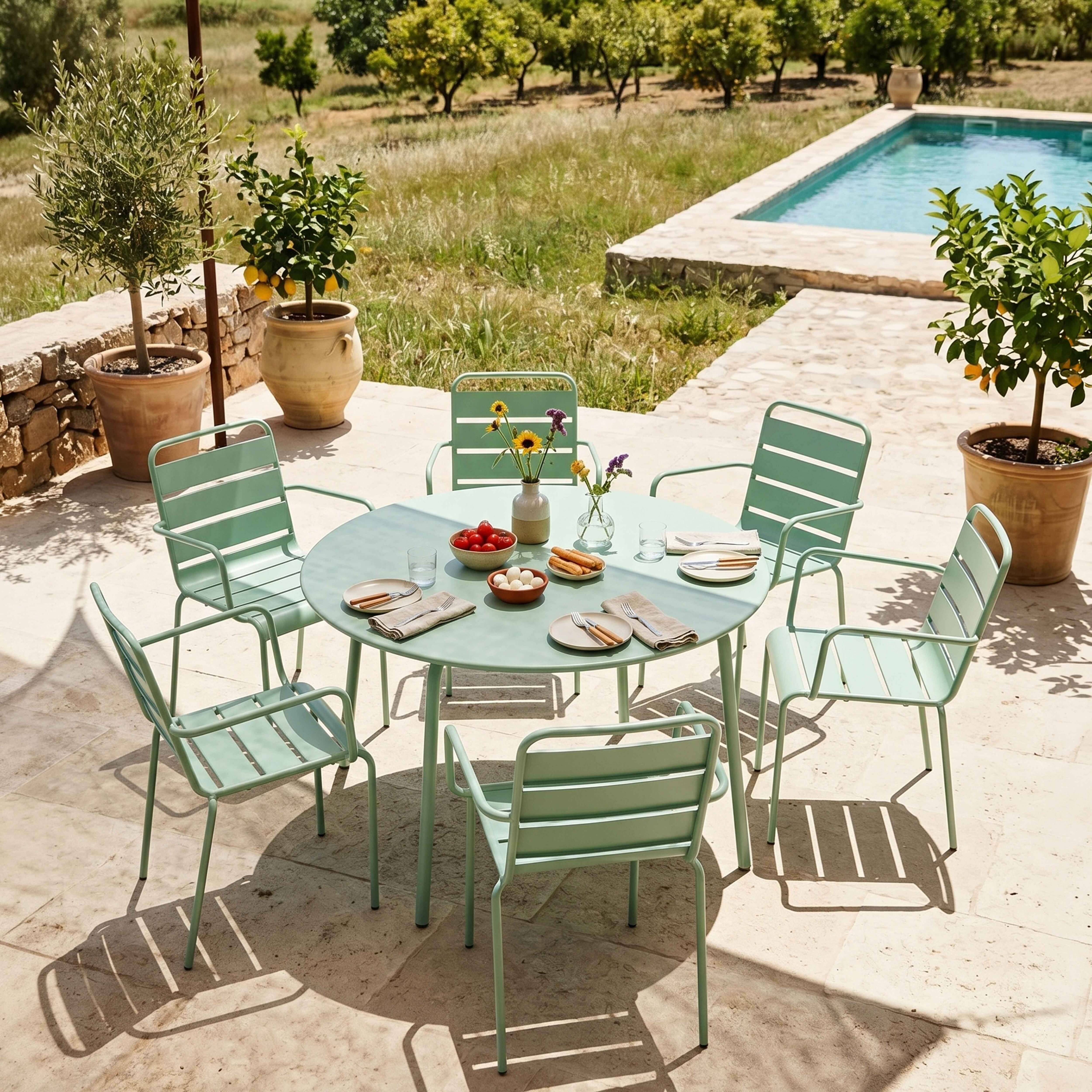 Oviala - Ensemble table de jardin ronde et 6 fauteuils acier vert sauge Palavas - Oviala - Imagen 2