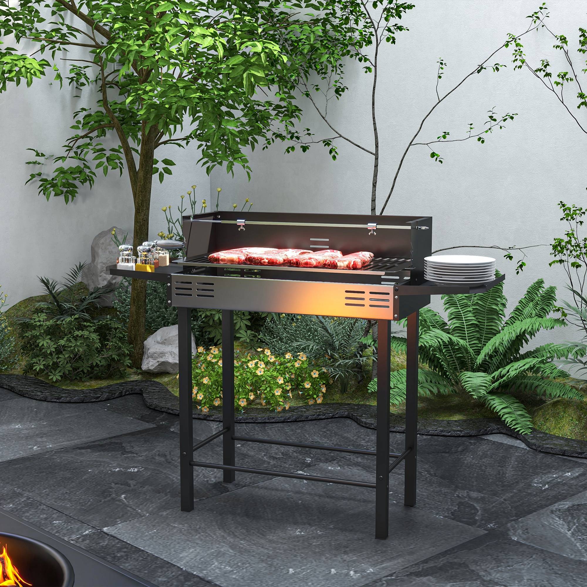 Barbecue charbon de bois BBQ avec grille de gril à 3 niveaux et étagères latérales pliables, 118 x 32 x 90 cm, noir - Image 4