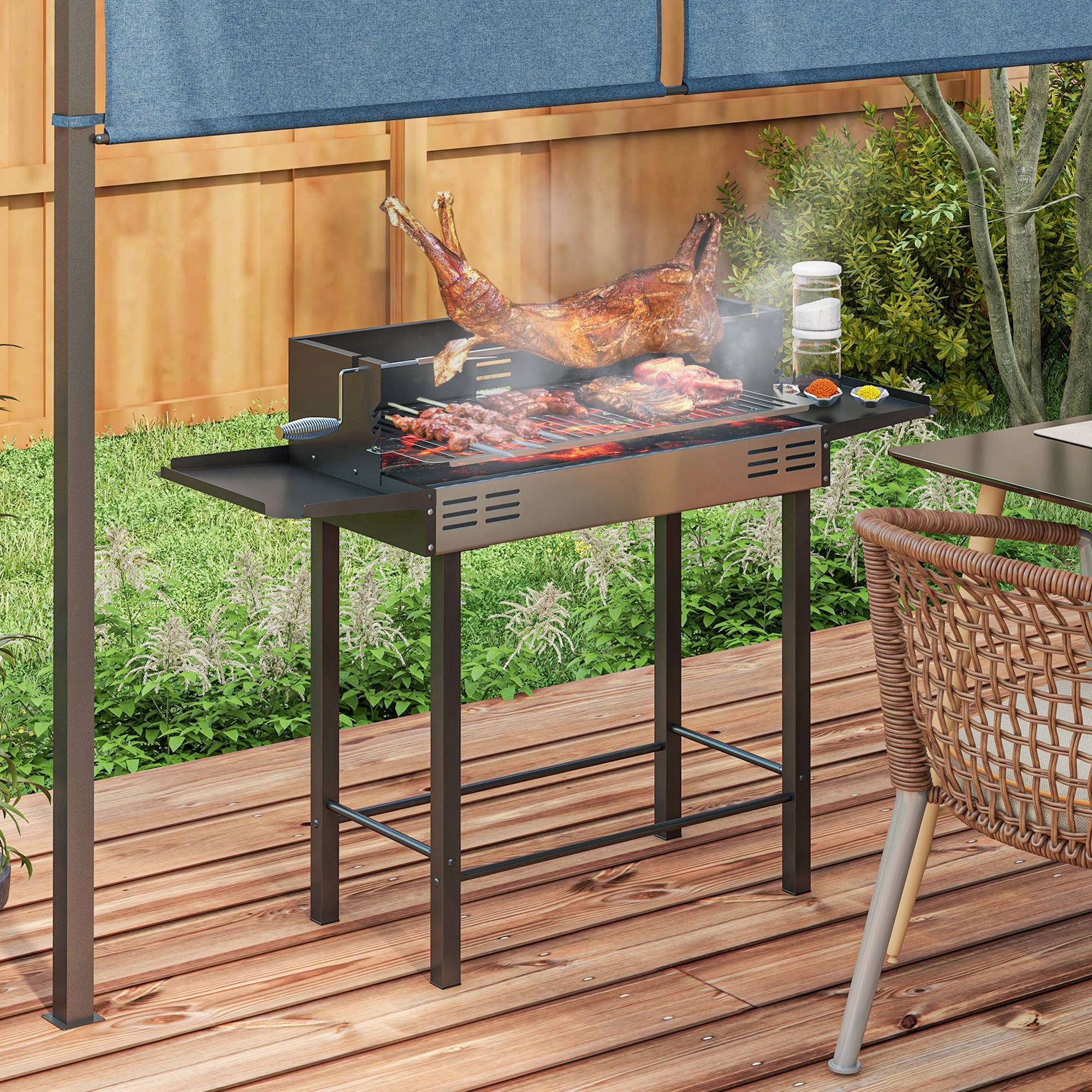 Barbecue charbon de bois BBQ avec grille de gril à 3 niveaux et étagères latérales pliables, 118 x 32 x 90 cm, noir - Image 3