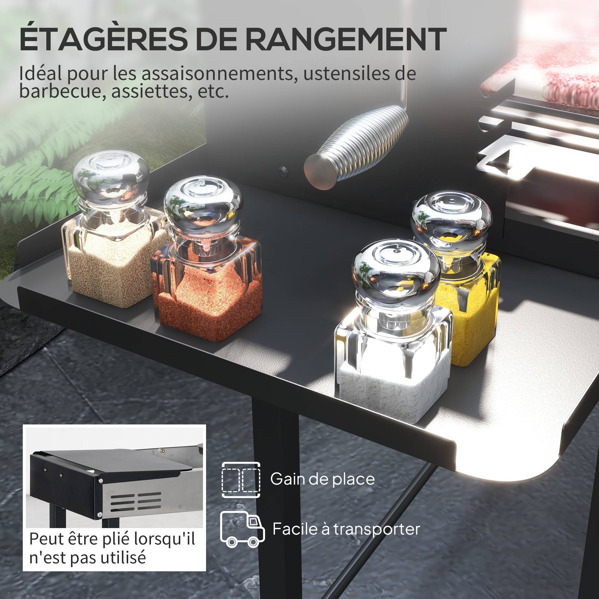 Barbecue charbon de bois BBQ avec grille de gril à 3 niveaux et étagères latérales pliables, 118 x 32 x 90 cm, noir - Image 8