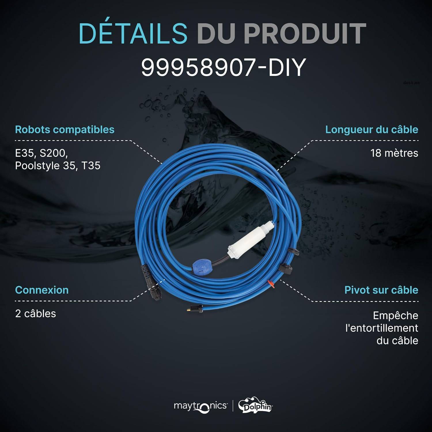 Cable d'alimenation avec swivel 18m diy pour robot dolphin e35 et t35 99958907-DIY Dolphin - Image 3