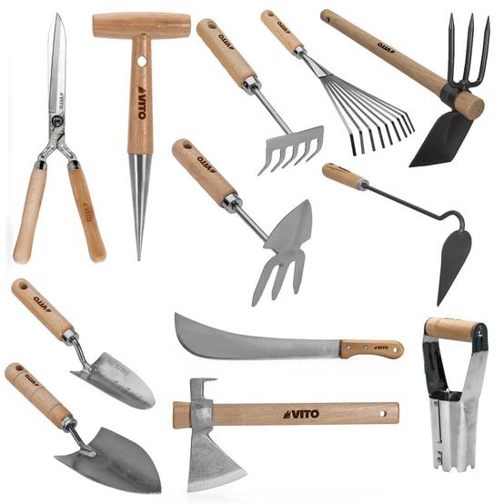 Kit 12 outils de jardin Manche bois Inox et Fer forgés à la main haute qualité traditionnelle VITO - Imagen 1