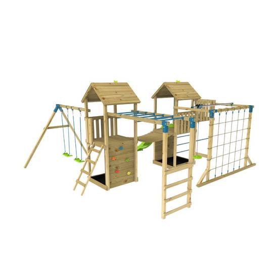 Aire de jeux XXL Camélée Skywood : toboggan, tyrolienne, double tour, pont de singe, balançoires, filet, mur d'escalade, bois FSC® - Image 1
