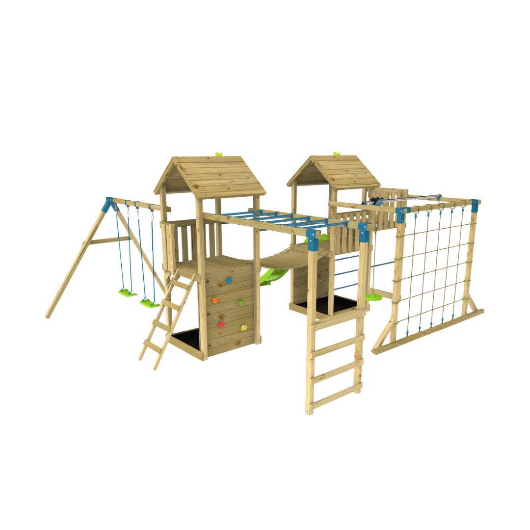 Aire de jeux XXL Camélée Skywood : toboggan, tyrolienne, double tour, pont de singe, balançoires, filet, mur d'escalade, bois FSC® - Image 1