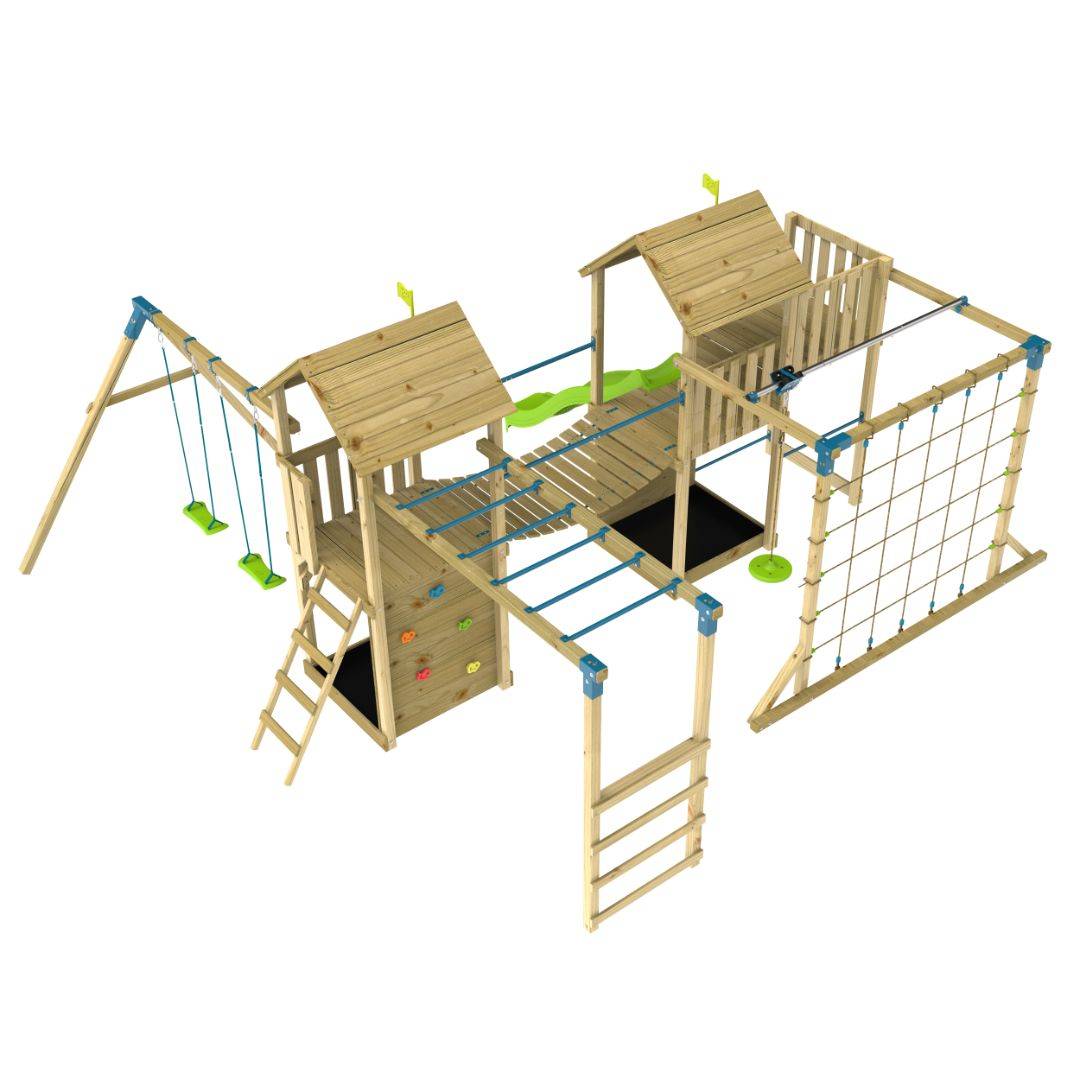 Aire de jeux XXL Camélée Skywood : toboggan, tyrolienne, double tour, pont de singe, balançoires, filet, mur d'escalade, bois FSC® - Image 8