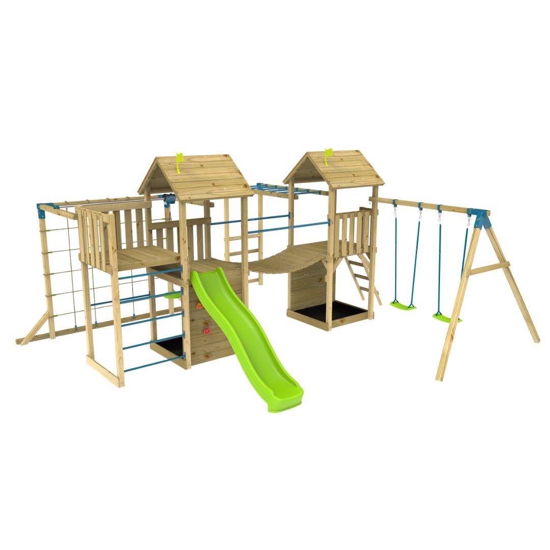 Aire de jeux XXL Camélée Skywood : toboggan, tyrolienne, double tour, pont de singe, balançoires, filet, mur d'escalade, bois FSC® - Image 2