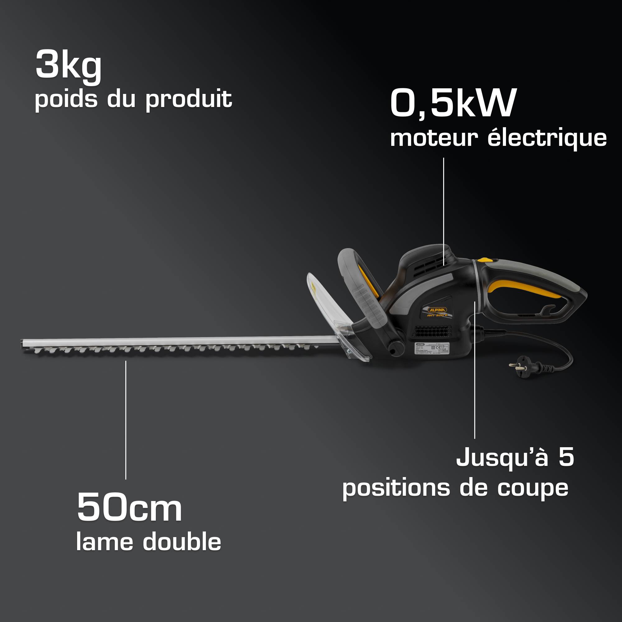 Alpina - Taille-haie électrique AHT 500 E (500W), lame double 50 cm, écartement dents 22 mm - Alpina - Image 5