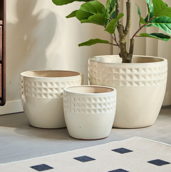 Lot 3 Pots Fleurs Céramique Intérieur Extérieur Trou Drainage Blanc Ø38/30/23 - ComfortXL Outdoor Living - Image 1