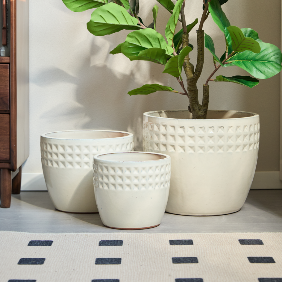 Lot 3 Pots Fleurs Céramique Intérieur Extérieur Trou Drainage Blanc Ø38/30/23 - ComfortXL Outdoor Living - Image 9