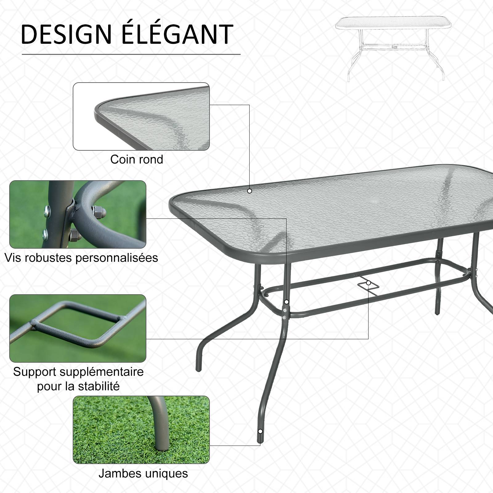 Table à Manger Rectangulaire Métal Jardin Terrasse Espace Parasol 140x80cm Gris - ComfortXL Outdoor Living - Image 7