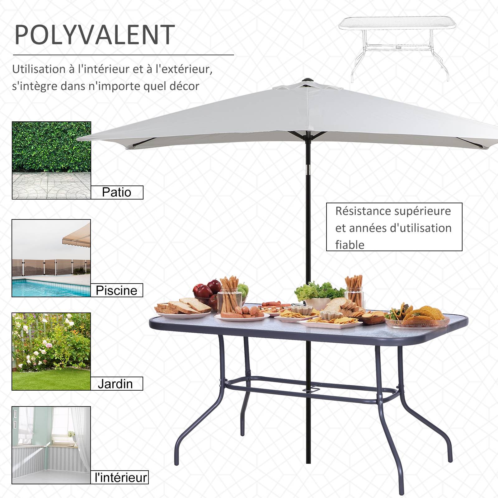 Table à Manger Rectangulaire Métal Jardin Terrasse Espace Parasol 140x80cm Gris - ComfortXL Outdoor Living - Image 9