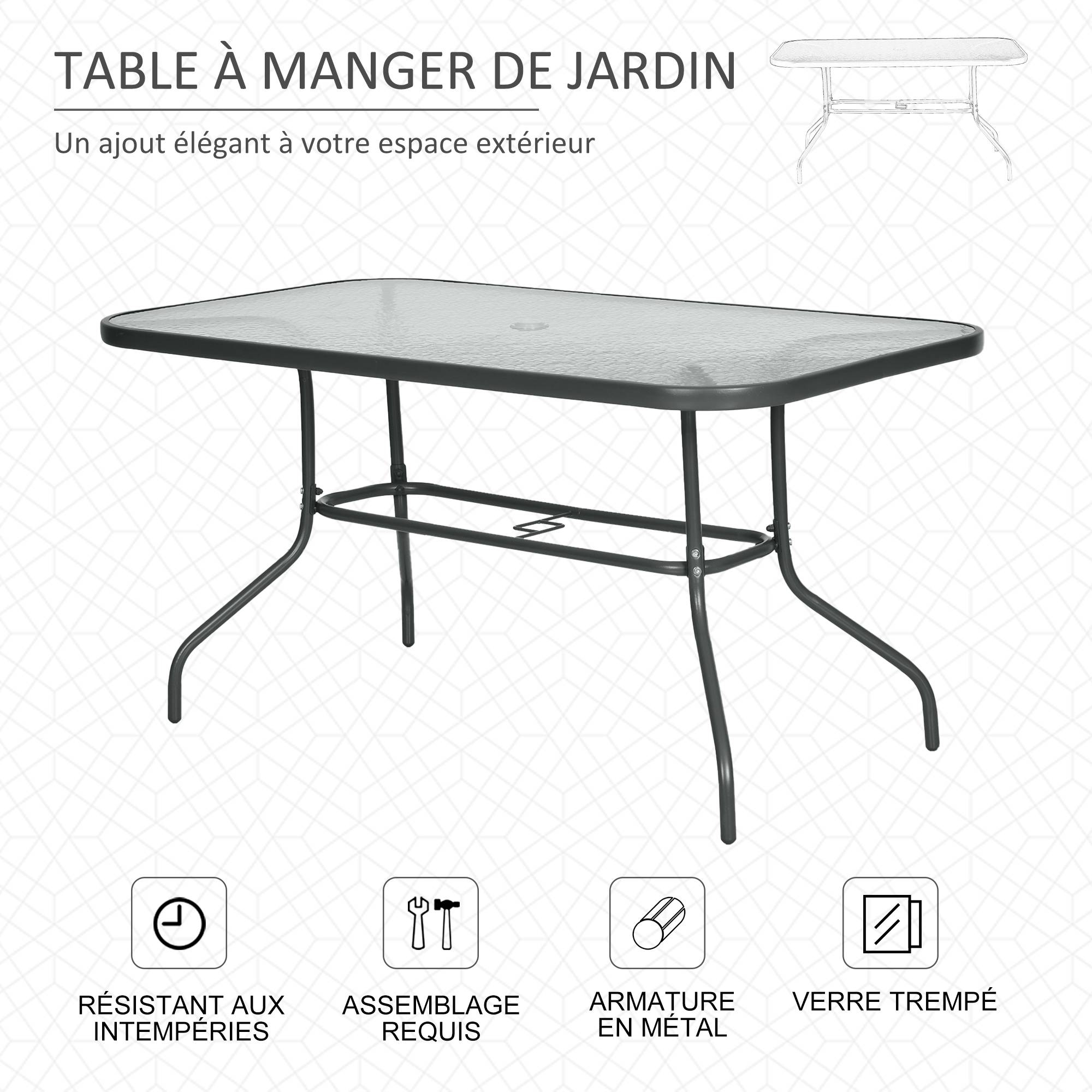 Table à Manger Rectangulaire Métal Jardin Terrasse Espace Parasol 140x80cm Gris - ComfortXL Outdoor Living - Image 8
