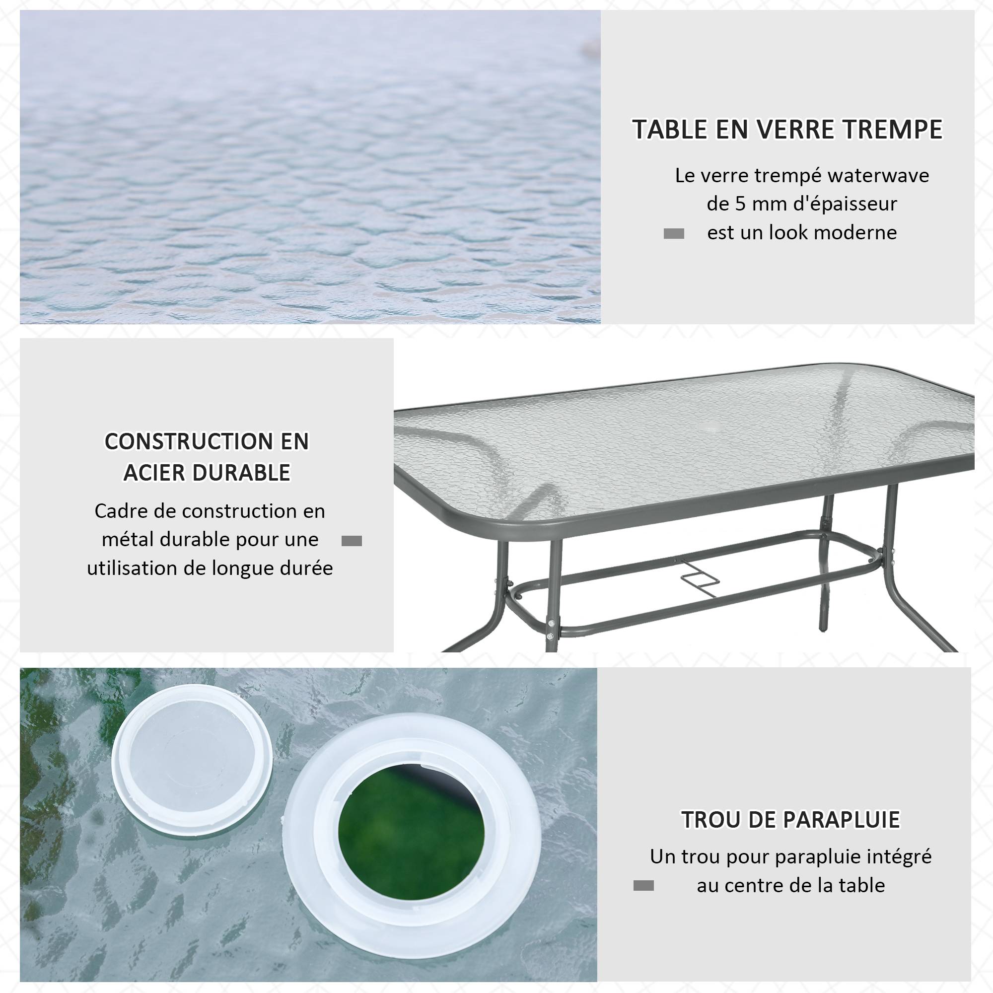 Table à Manger Rectangulaire Métal Jardin Terrasse Espace Parasol 140x80cm Gris - ComfortXL Outdoor Living - Image 6