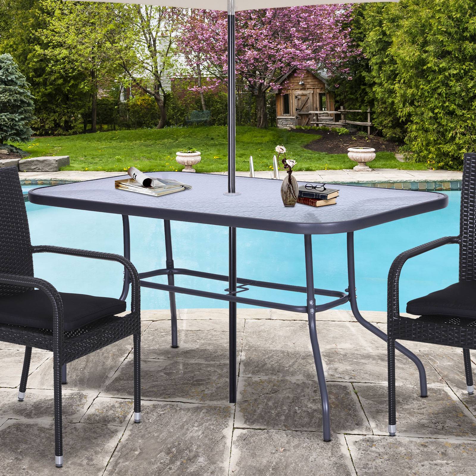 Table à Manger Rectangulaire Métal Jardin Terrasse Espace Parasol 140x80cm Gris - ComfortXL Outdoor Living - Image 3