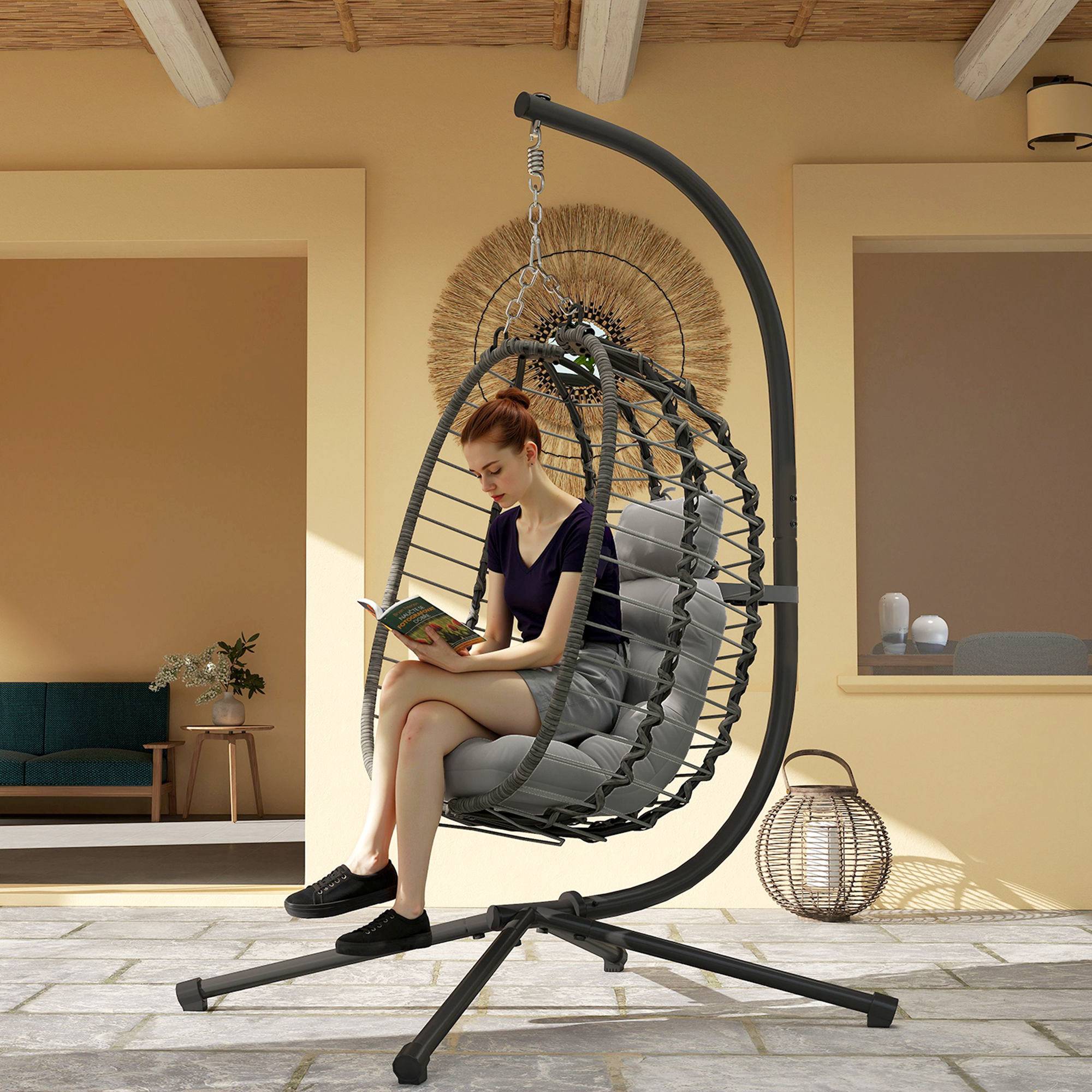 Fauteuil suspendu œuf résine tressée jardin détente hauteur réglable gris - ComfortXL Outdoor Living - Image 4