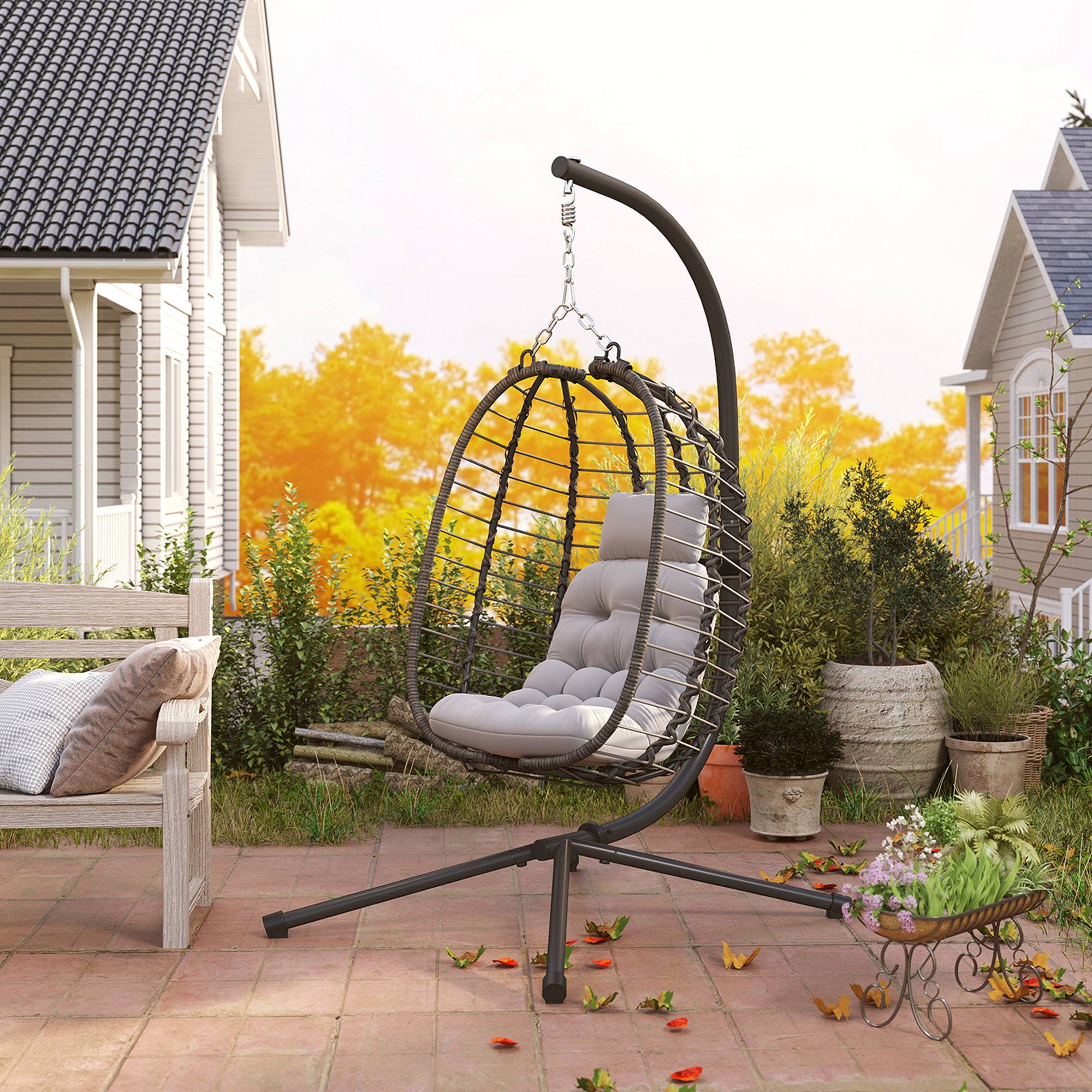 Fauteuil suspendu œuf résine tressée jardin détente hauteur réglable gris - ComfortXL Outdoor Living - Image 10