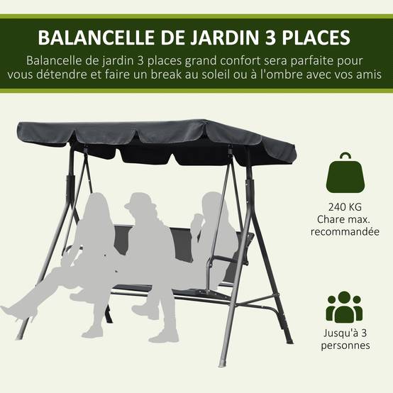 Balancelle de jardin 3 places acier textilène patio toit imperméable ergonomique gris - ComfortXL Outdoor Living - Image 6