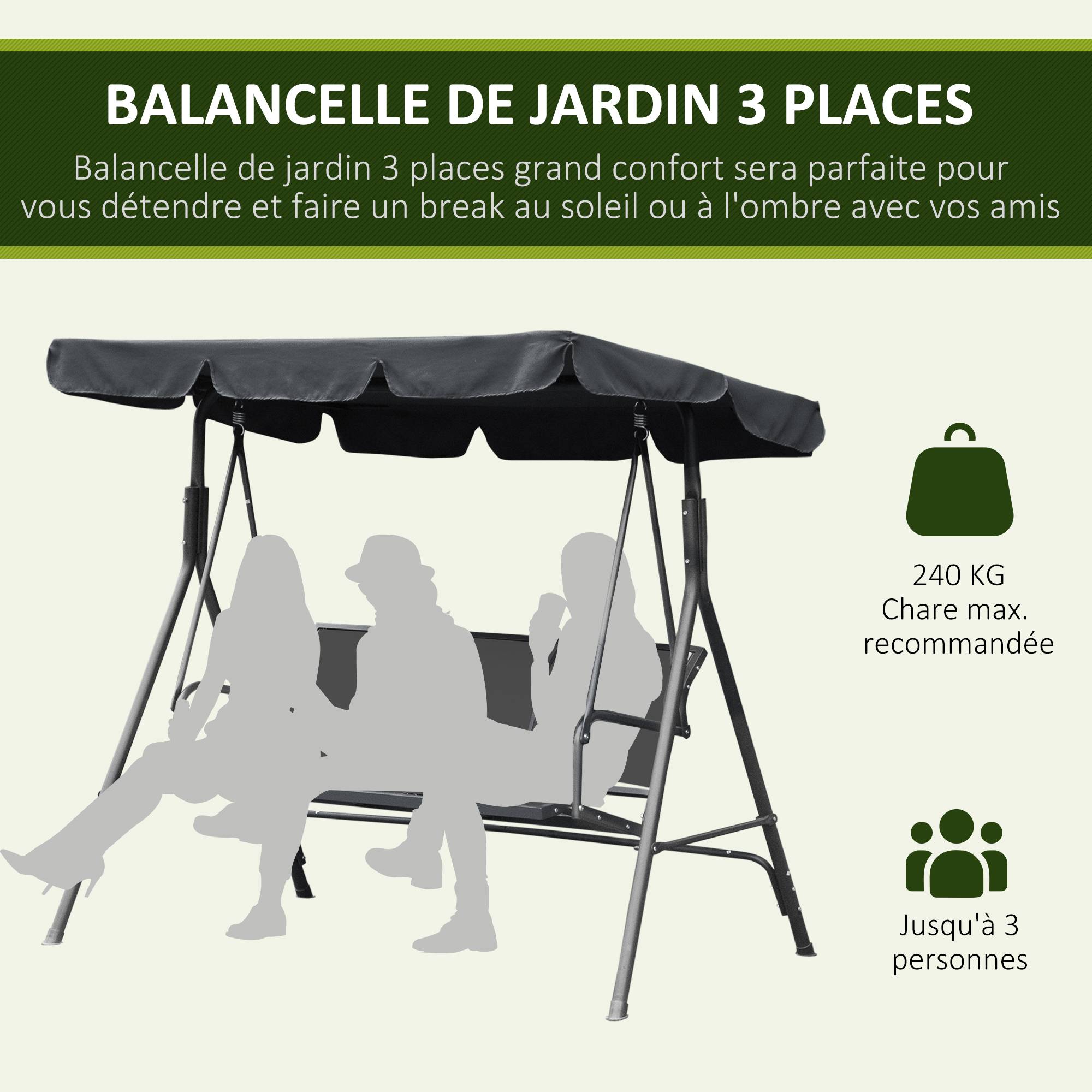 Balancelle de jardin 3 places acier textilène patio toit imperméable ergonomique gris - ComfortXL Outdoor Living - Image 6