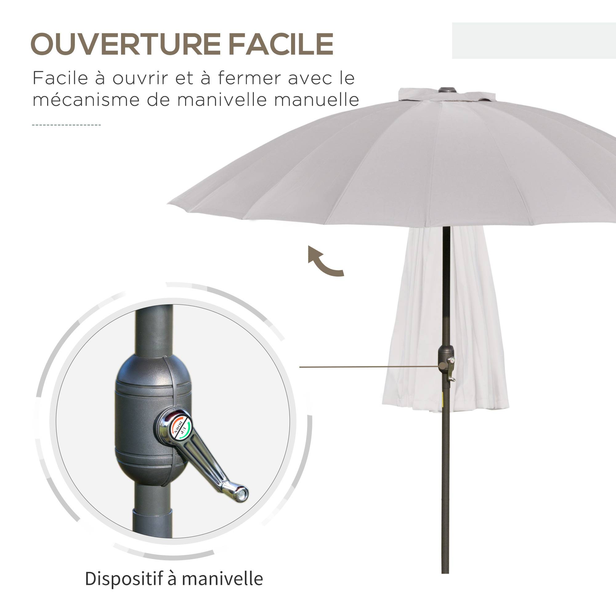 Parasol droit parasol de jardin inclinable rond 18 baleines manivelle - 250x250x240cm Métal Gris fr175 - Image 6