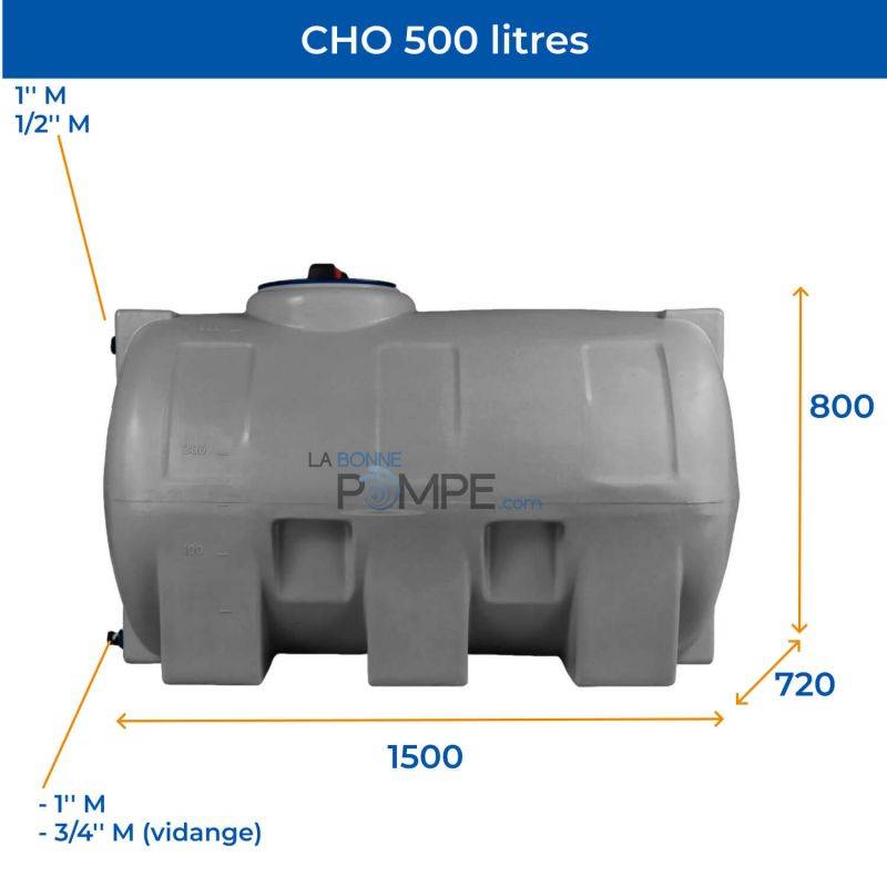 Cuve récupération eau de pluie 500L - Réservoir aérien horizontal Gris - Polyéthylène - ELBI CHO - Image 2