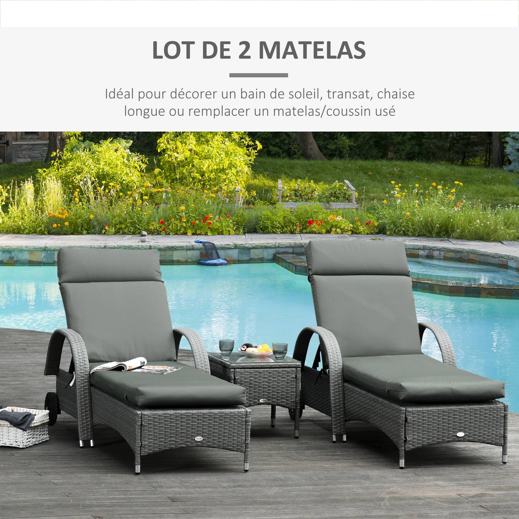 Lot de 2 matelas chaise longue tissu polyester bain de soleil grand confort 196x55cm gris - ComfortXL Outdoor Living - Image 6