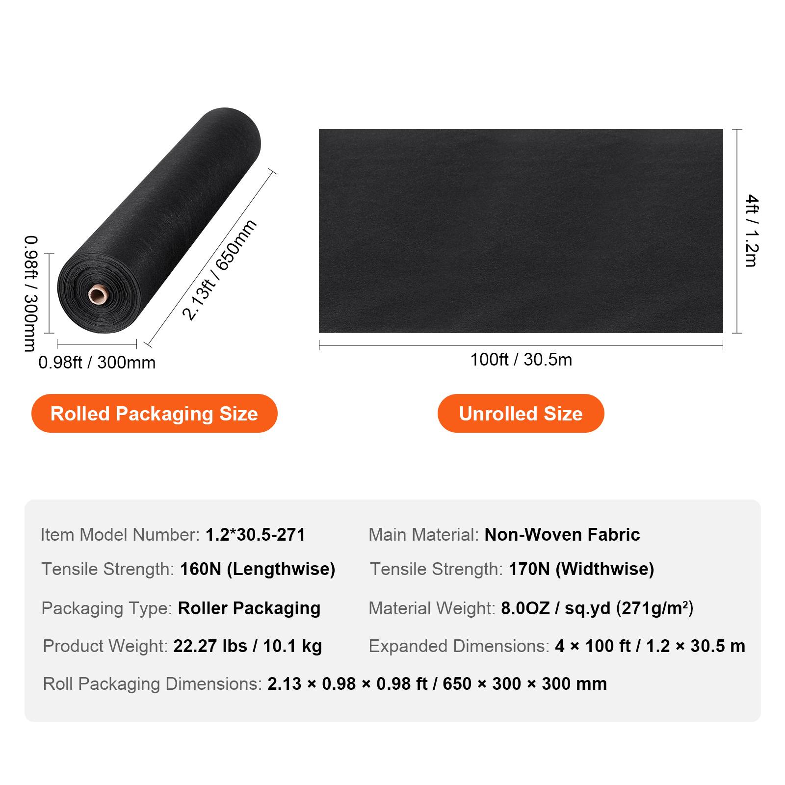 VEVOR Géotextile non tissé 1.2x30.5m 271g/m², perméable/résistant, pour drainage/aménagement/couvre-sol noir. - Image 7