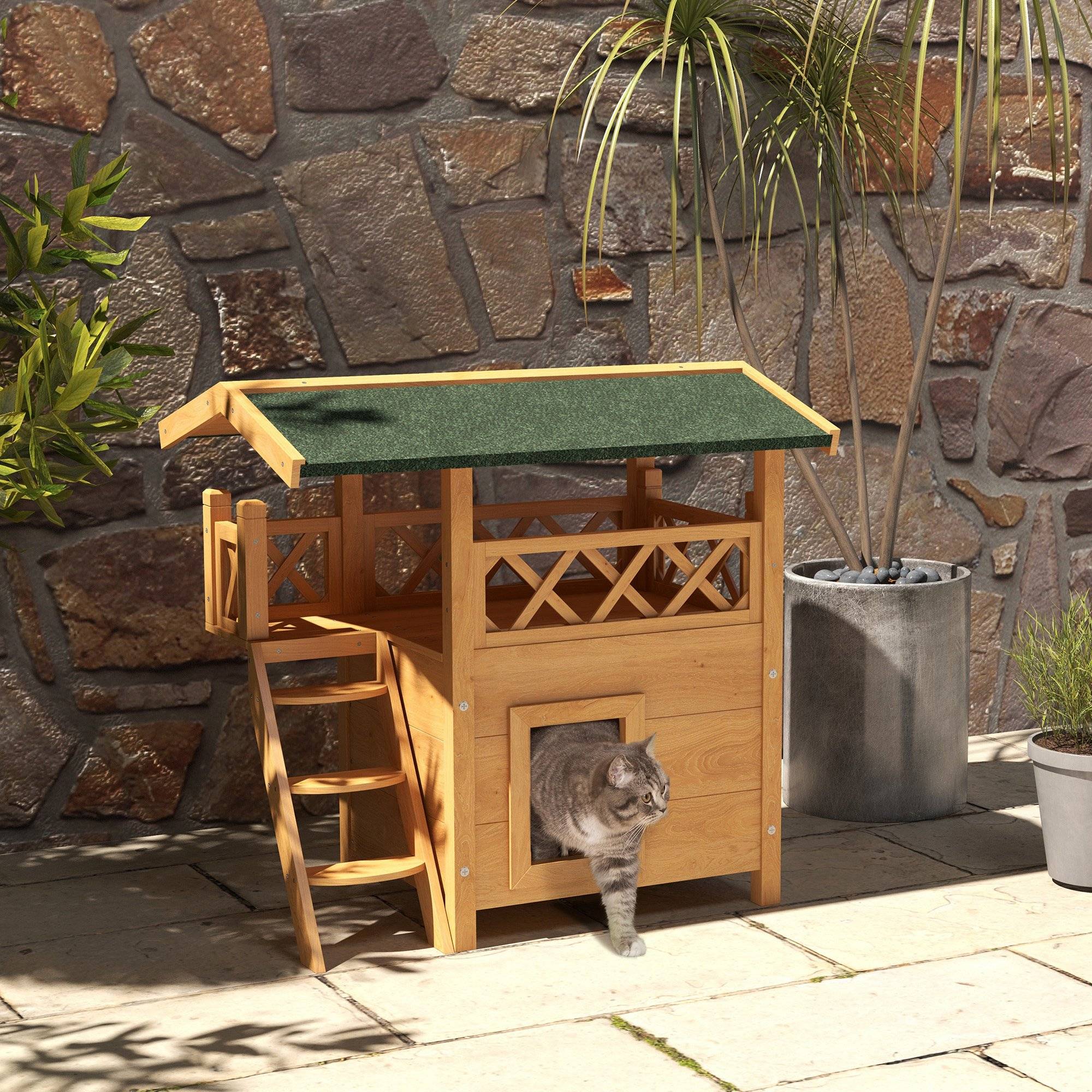Niche pour chat bois naturel et vert 77 x 50 x 73 cm - PANGIVO - Image 4
