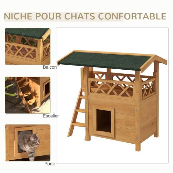 Niche pour chat bois naturel et vert 77 x 50 x 73 cm - PANGIVO - Image 6