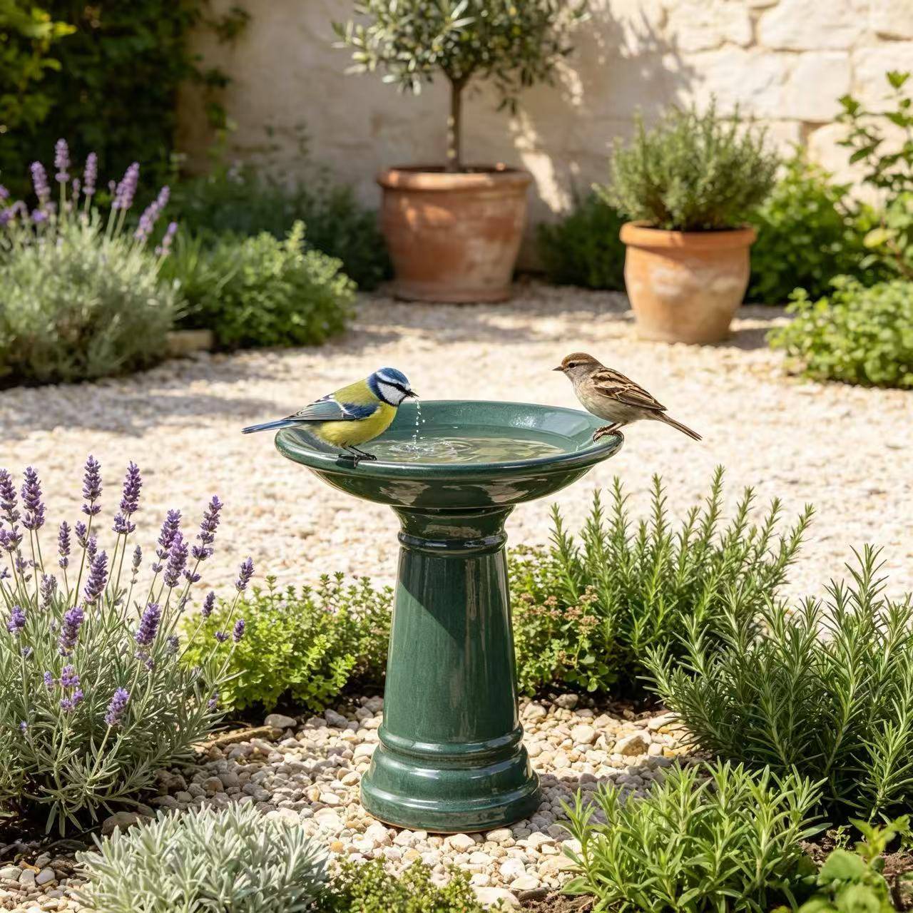 ComfortXL - Bain d’oiseaux en grès Ø 31,5 x H 38 cm vert foncé pour jardin terrasse sur pied - ComfortXL Outdoor Living
