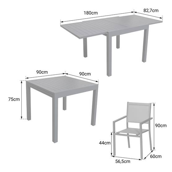 Happy Garden - Salon de jardin VENEZIA extensible 90/180 en textilène gris 8 places - aluminium blanc - HAPPY GARDEN - Imagen 6