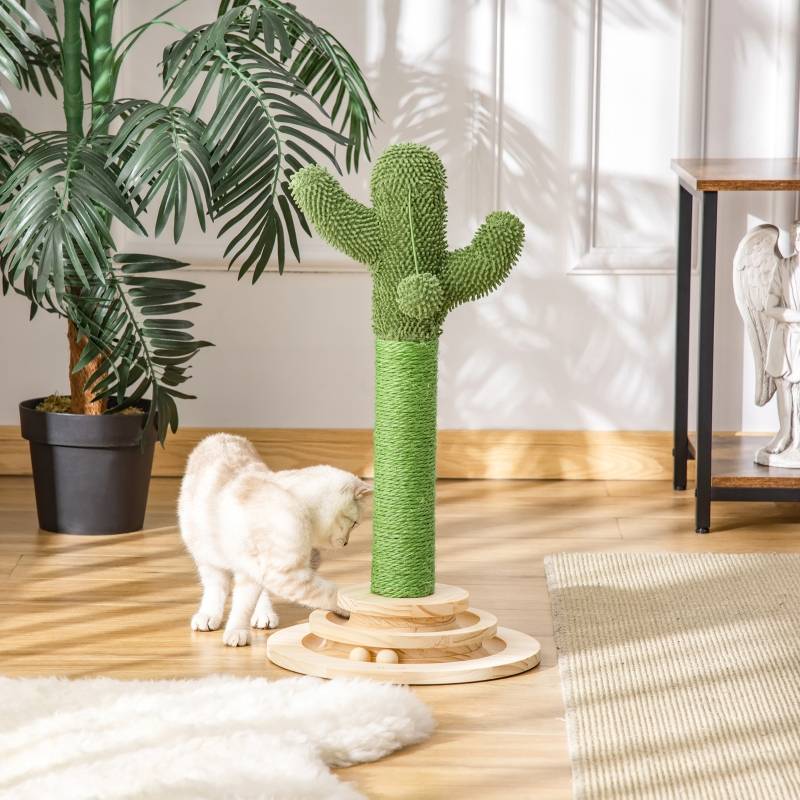 Arbre à chat cactus 60cm en pin corde sisal, jouet boule bois vert et naturel - Image 7