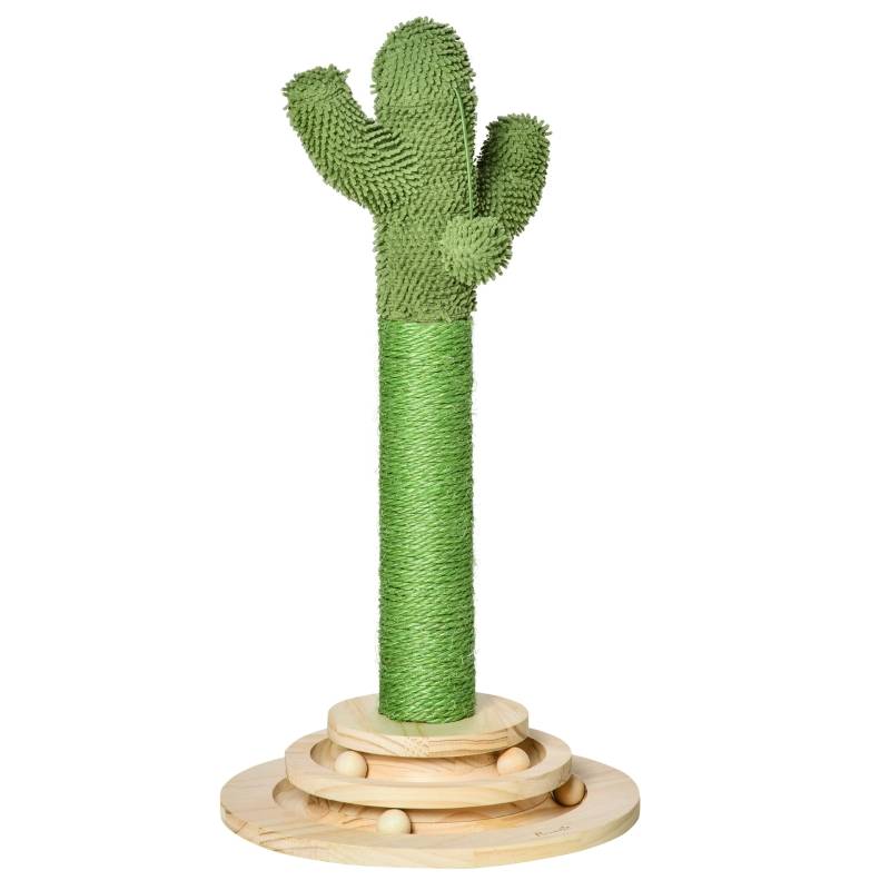 Arbre à chat cactus 60cm en pin corde sisal, jouet boule bois vert et naturel - Image 1